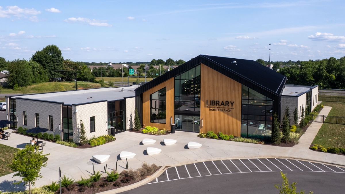 Aerial daytime view of the Clarksville-Montgomery County North Branch Library