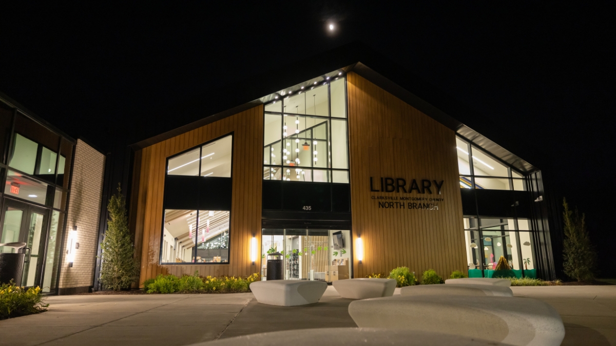 Clarksville-Montgomery County North Branch Library exterior illuminated at night