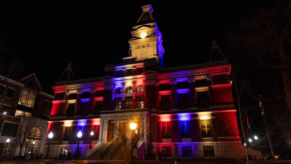 Montgomery County Courthouse illuminated in red, white and blue in downtown Clarksville